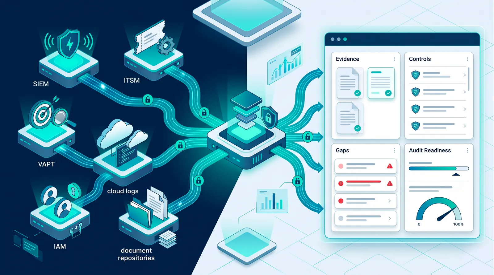 Illustrative connector model showing operational tools feeding governed evidence workflows.