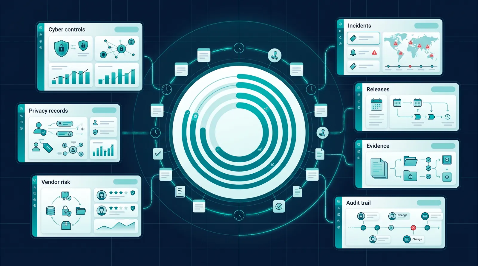 Illustrative readiness map connecting cyber controls, privacy records, incidents, releases, evidence and audit trail.